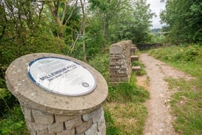 Tall, round podium with a sign indicates the start of the Millennium Wall which is a demonstration of different dry stone walling techniques.